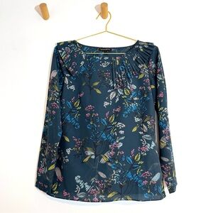 Banana Republic Floral Print Asymmetrical Pleated Long Sleeve Blouse Size Small